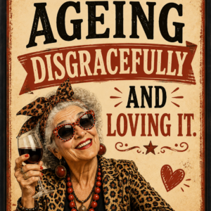 Funny vintage-style wall print saying “Ageing Disgracefully and Loving It” featuring a stylish older character with a mischievous expression.