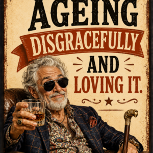 Funny vintage-style wall print saying “Ageing Disgracefully and Loving It” featuring a stylish older man with sunglasses and a mischievous expression.