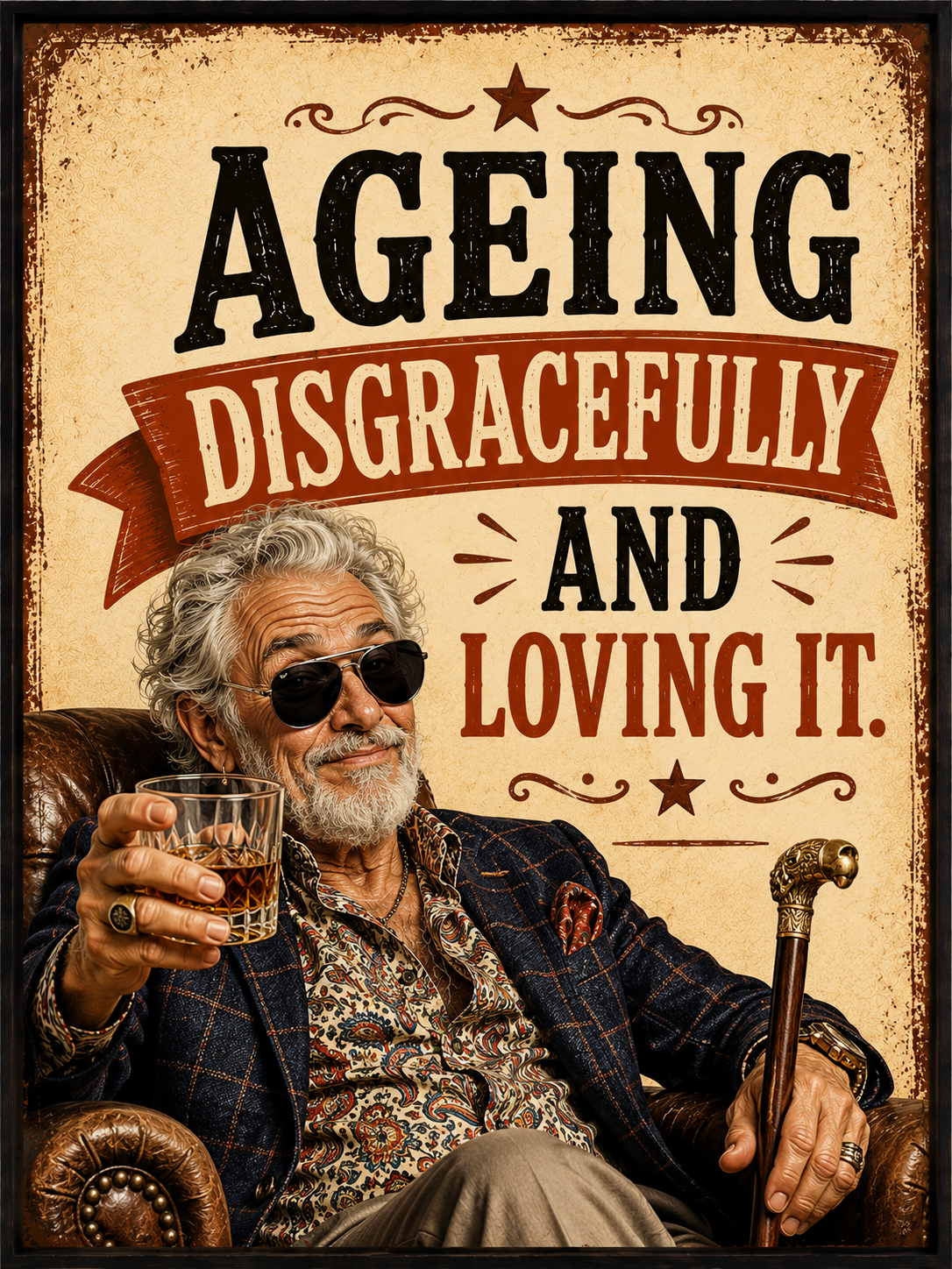 Funny vintage-style wall print saying “Ageing Disgracefully and Loving It” featuring a stylish older man with sunglasses and a mischievous expression.
