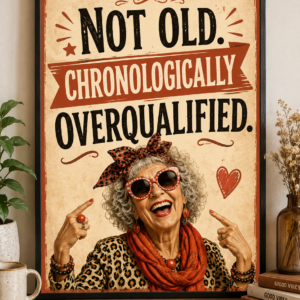 Funny wall print saying “Not Old. Chronologically Overqualified” with a stylish older character in the Laughing Through The Wrinkles style.