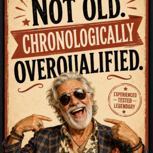 Funny wall print saying “Not Old. Chronologically Overqualified” with a stylish older character in the Laughing Through The Wrinkles style