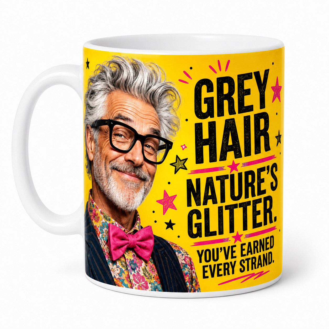 Left-handle view of the Grey Hair Nature’s Glitter funny mug for him, featuring a stylish silver-haired older man with glasses, floral shirt and bright pink bow tie.