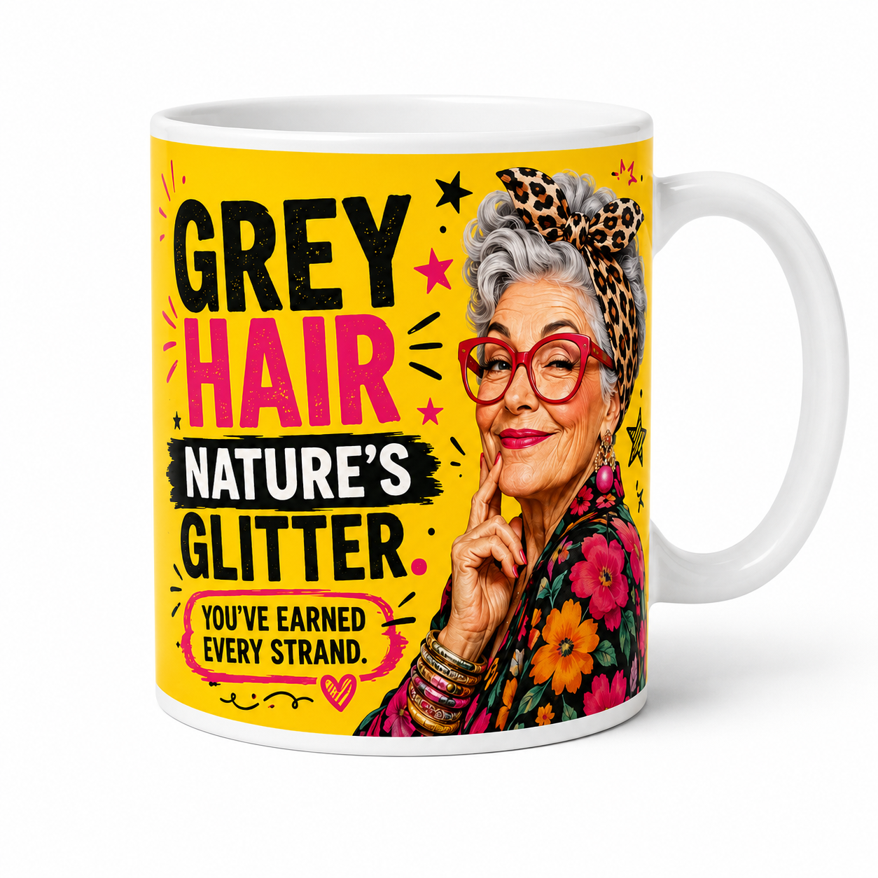 Grey Hair Nature’s Glitter 11oz funny mug featuring a colourful older woman with silver hair, red glasses and a leopard-print headscarf.