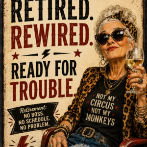 Funny vintage-style retirement wall print saying “Retired, Rewired and Ready for Trouble” featuring a mischievous older character.