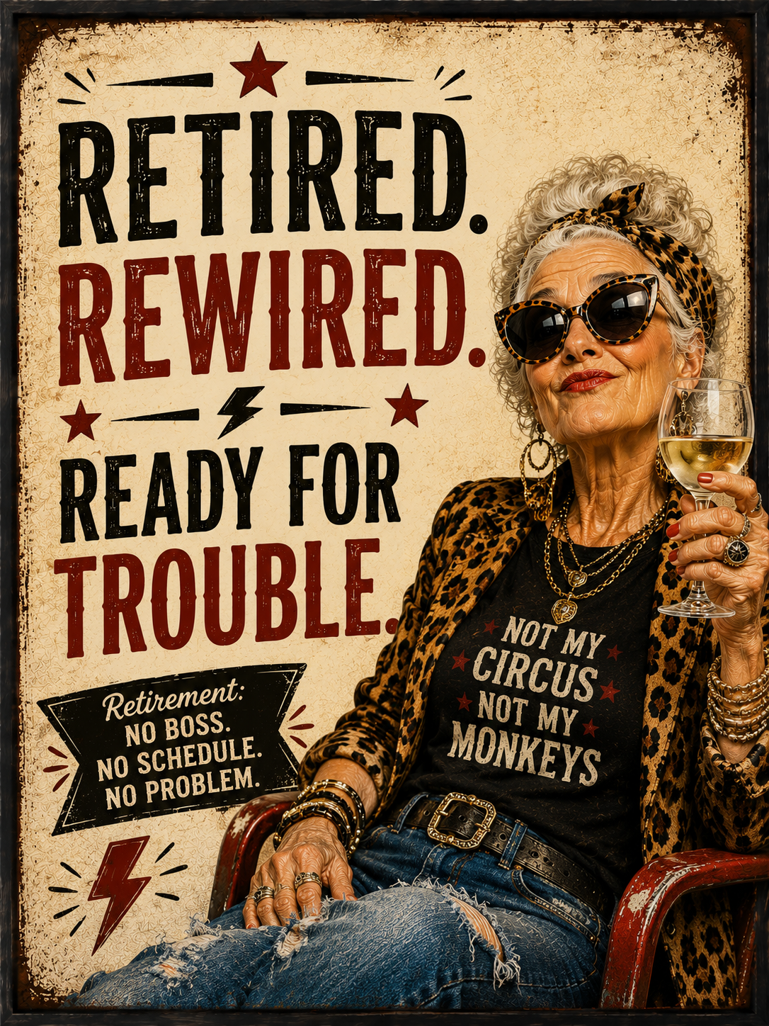 Funny vintage-style retirement wall print saying “Retired, Rewired and Ready for Trouble” featuring a mischievous older character.