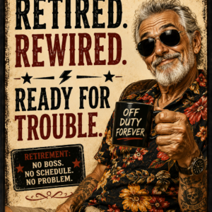 Funny vintage-style retirement wall print saying “Retired, Rewired and Ready for Trouble” featuring a mischievous older man with confident attitude.