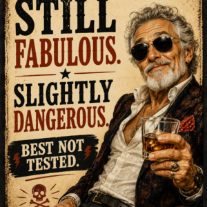 Funny vintage-style wall print saying “Still Fabulous, Slightly Dangerous, Best Not Tested” featuring a stylish older man with sunglasses and confident attitude.