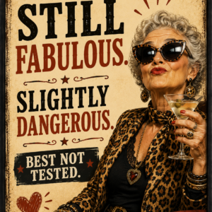 Funny vintage-style wall print saying “Still Fabulous, Slightly Dangerous, Best Not Tested” featuring a stylish older character with bold personality.