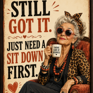 Funny wall print saying “Still Got It, Just Need a Sit Down Wall Print” with a stylish older character in the Laughing Through The Wrinkles style.