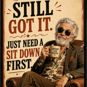 Funny vintage-style wall print saying “Still Got It, Just Need a Sit Down First” featuring a stylish older man relaxing in a chair with a cheeky confident expression.