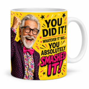 You Did It You Absolutely Smashed It 11oz celebration mug for him, featuring a jubilant silver-haired older man with glasses, a pink bow tie and raised fist.