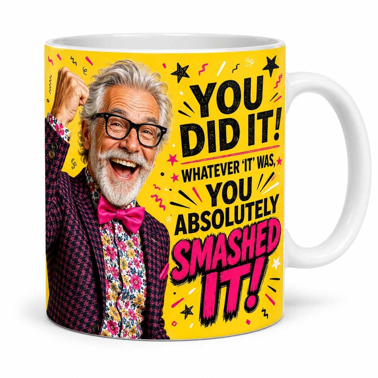 You Did It You Absolutely Smashed It 11oz celebration mug for him, featuring a jubilant silver-haired older man with glasses, a pink bow tie and raised fist.