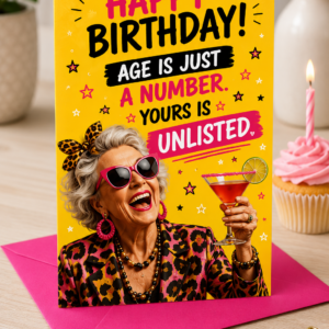Funny female birthday card saying “Age Is Just a Number, Yours Is Unlisted” featuring a glamorous older woman holding a cocktail.