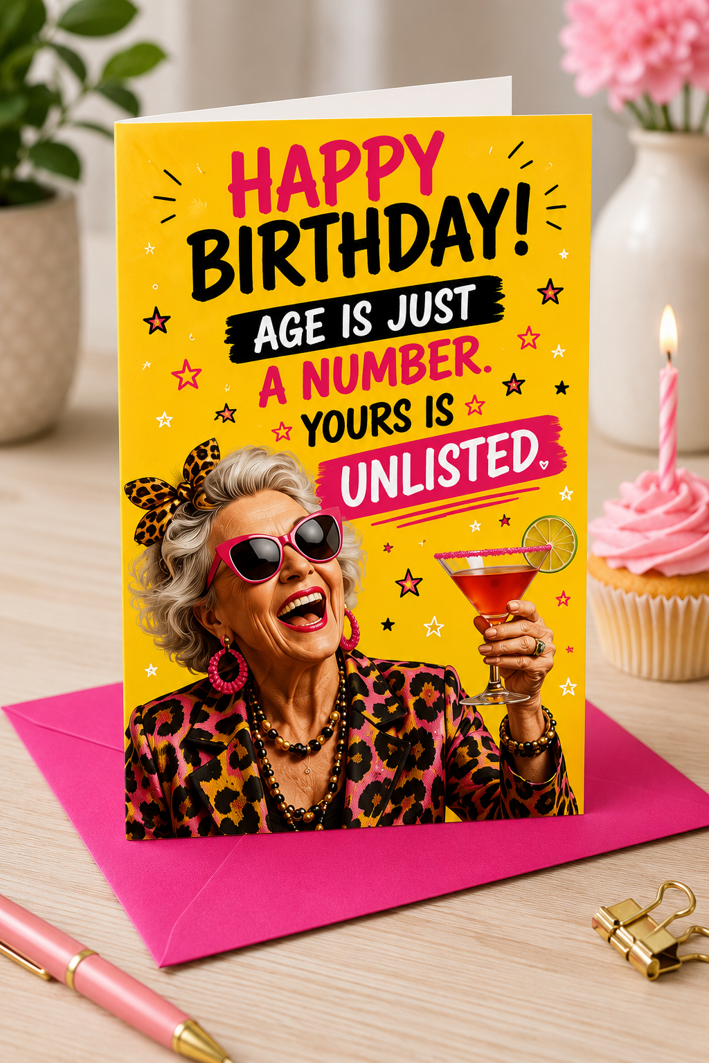 Funny female birthday card saying “Age Is Just a Number, Yours Is Unlisted” featuring a glamorous older woman holding a cocktail.