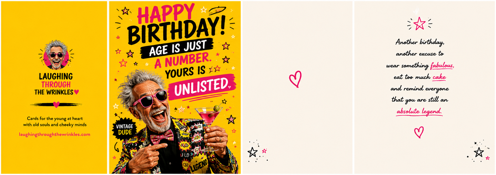 Funny female birthday card saying “Age Is Just a Number, Yours Is Unlisted” featuring a glamorous older woman holding a cocktail.