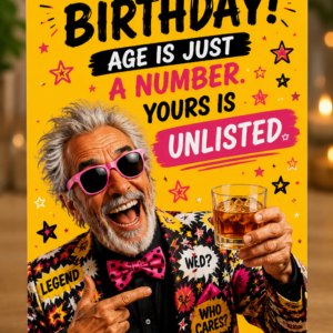Funny female birthday card saying “Age Is Just a Number, Yours Is Unlisted” featuring a glamorous older woman holding a cocktail.