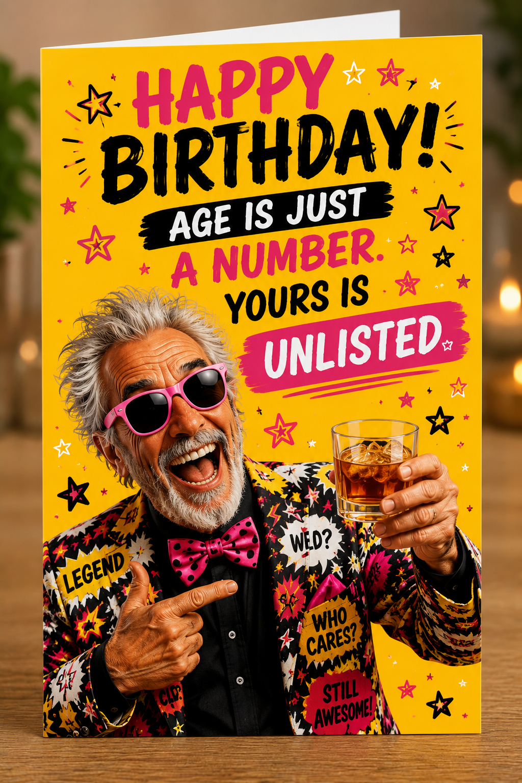 Funny female birthday card saying “Age Is Just a Number, Yours Is Unlisted” featuring a glamorous older woman holding a cocktail.