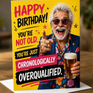 Funny male birthday card saying “You’re Not Old, You’re Just Chronologically Overqualified” with colourful older man character