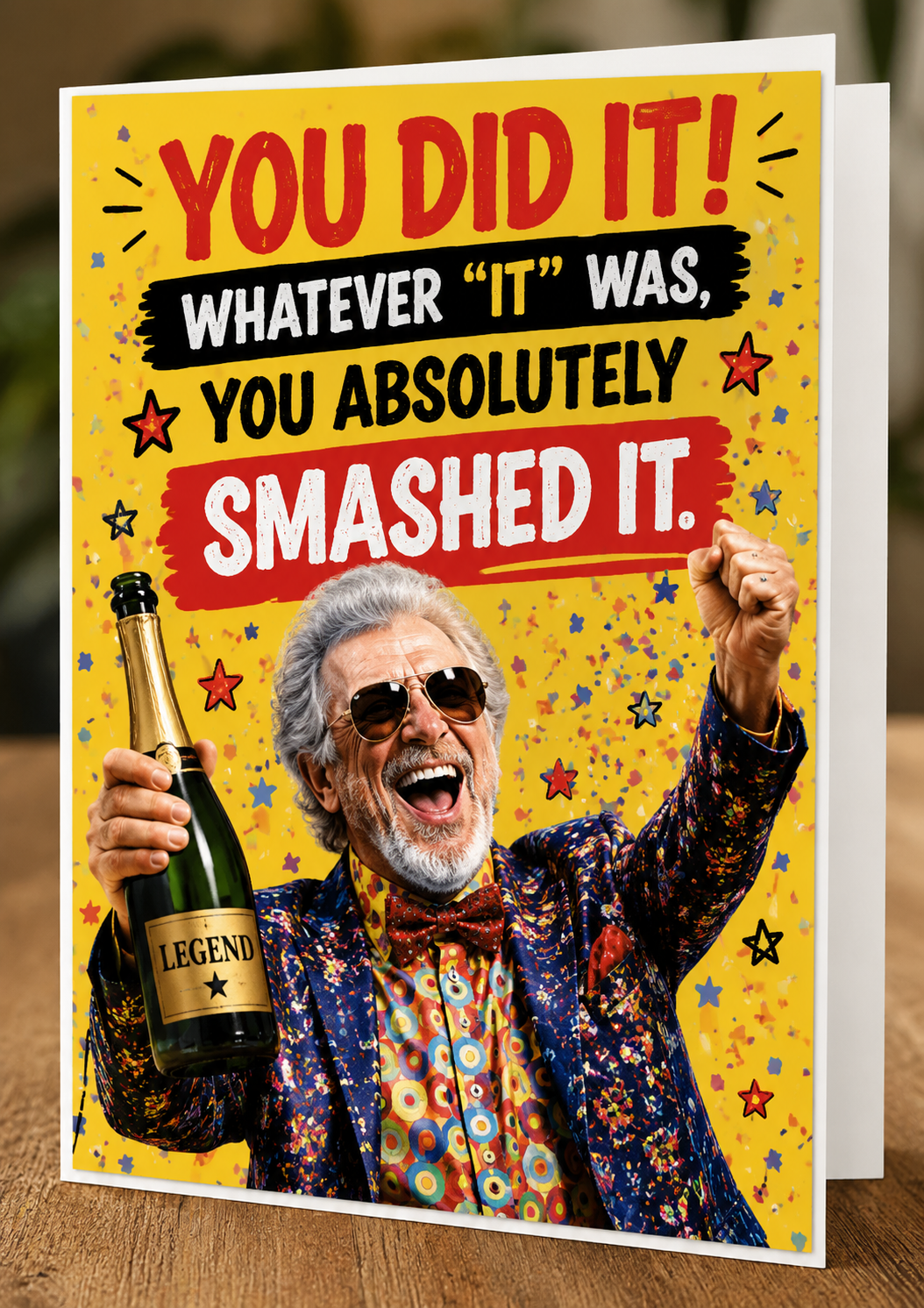 Funny male congratulations card saying “You Did It! Whatever It Was, You Absolutely Smashed It” featuring an older man celebrating with a drink and confetti.