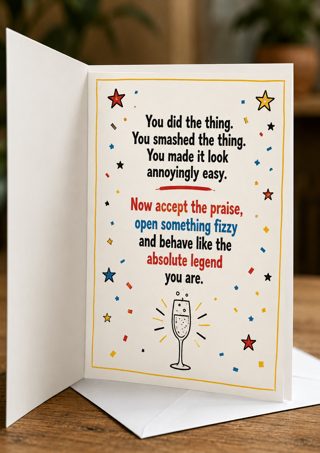 Funny male congratulations card saying “You Did It! Whatever It Was, You Absolutely Smashed It” featuring an older man celebrating with a drink and confetti.