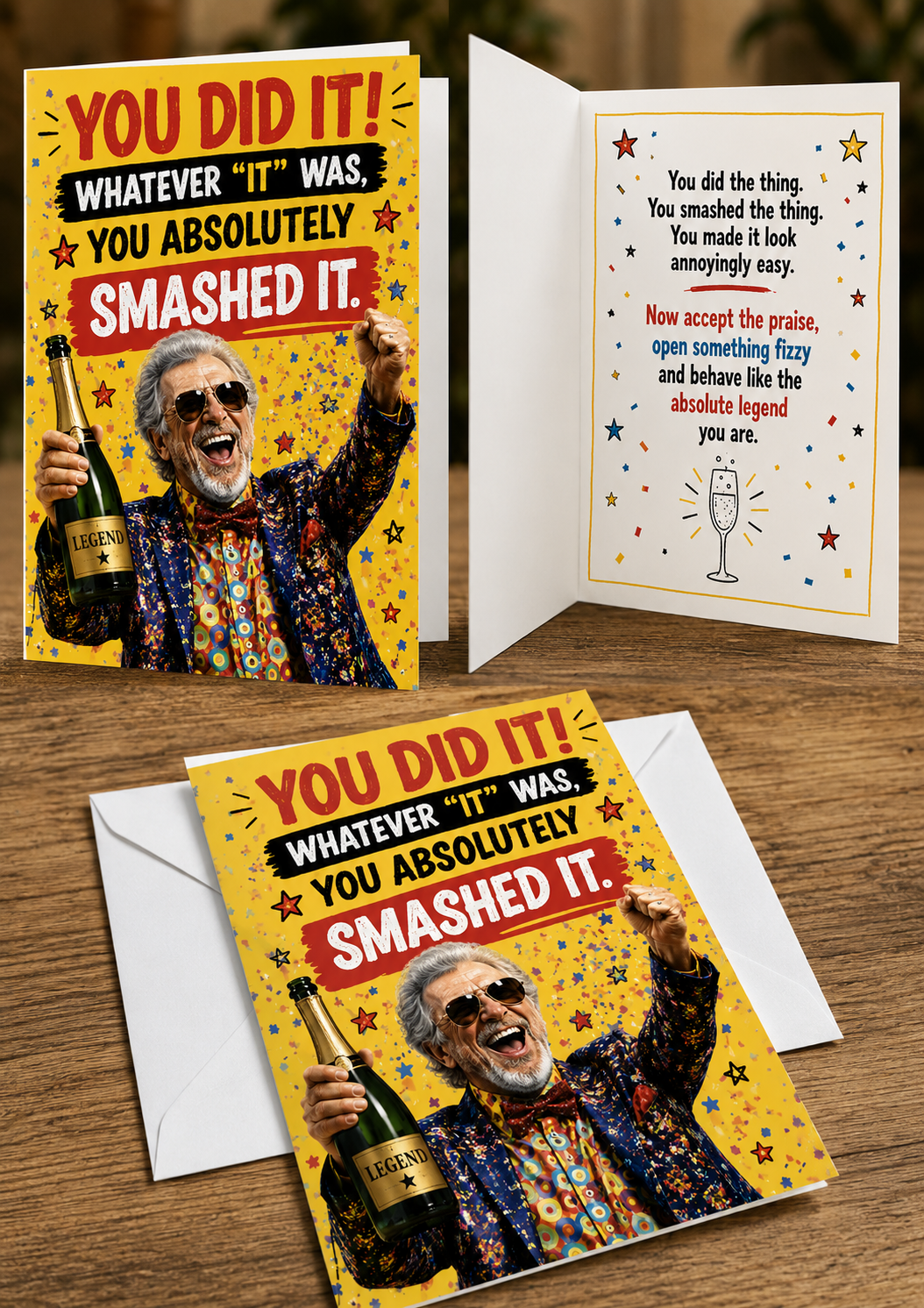 Funny male congratulations card saying “You Did It! Whatever It Was, You Absolutely Smashed It” featuring an older man celebrating with a drink and confetti.